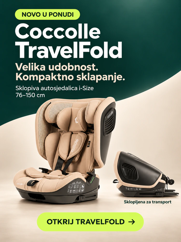 Novo u ponudi — Coccolle TravelFold. Sklopiva autosjedalica i-Size 76–150 cm, prikazana otvorena i sklopljena za transport.
